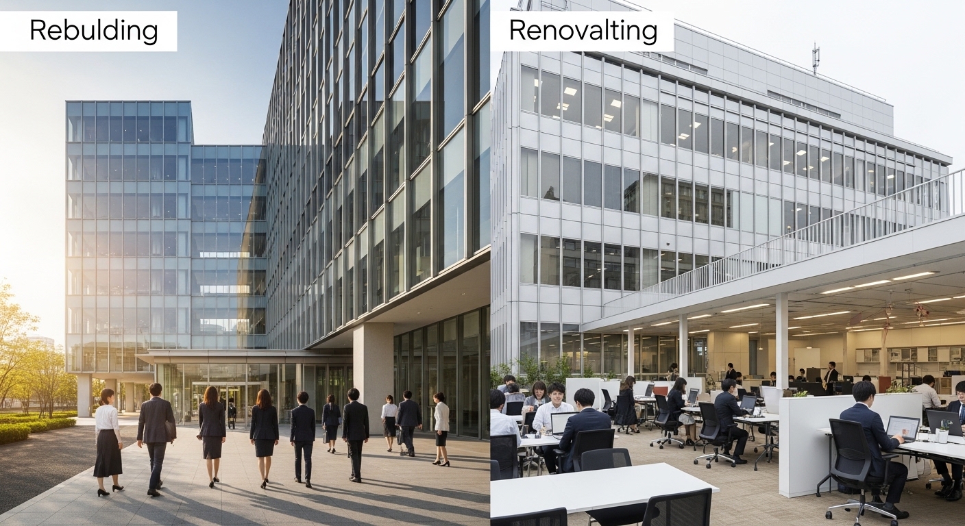 【再生建築リスク 本社 建替え 比較】「経営戦略と本社機能に求める役割」を軸にしながら再生建築リスクを含めたライフサイクルコストと改善効果を同じ条件で比較することが判断の近道